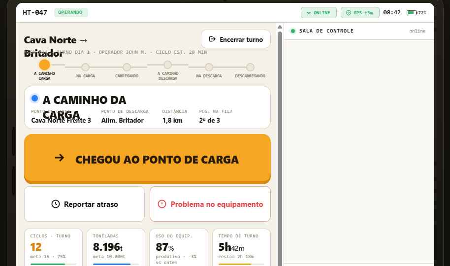 Console do operador no tablet de cabine, etapa do ciclo com CTA grande